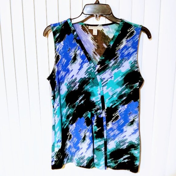 *DANA BUCHMAN*SLEEVELESS PLEATED TOP*V NECK*WOMEN SIZE S*ABSTRACT COLORS* - Picture 2 of 7